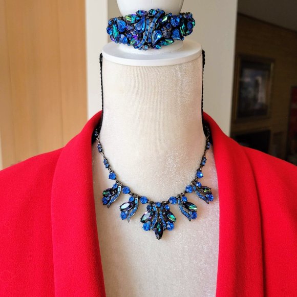Vintage Signed Weiss Blue Rhinestone Necklace & Hinged Cuff Bracelet Jew… - Picture 5 of 9